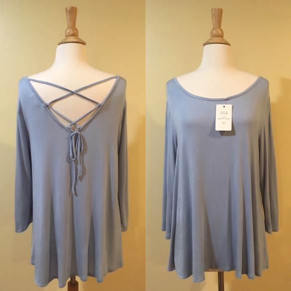 Tops - Lace Up Back 3/4 Sleeve Jersey Tunic Soft Blue